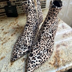 BETSY JOHNSON Leopard Print Pointed Toe Ankle Boots - Nude/Black/Red